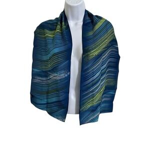 Vintage Graphic 100% Silk Scarf Blue/Green/Black/White Wave Pattern Lightweight
